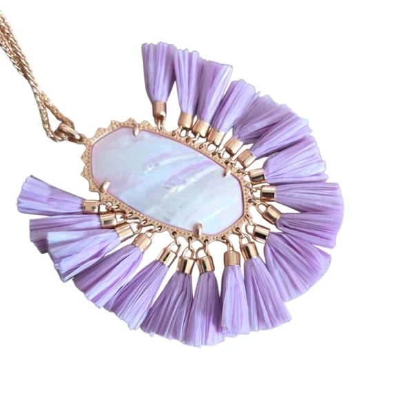 Kendra Scott Lavender BETSY Raffia Tassel Rose Gold Tone Chain Necklace NWOT